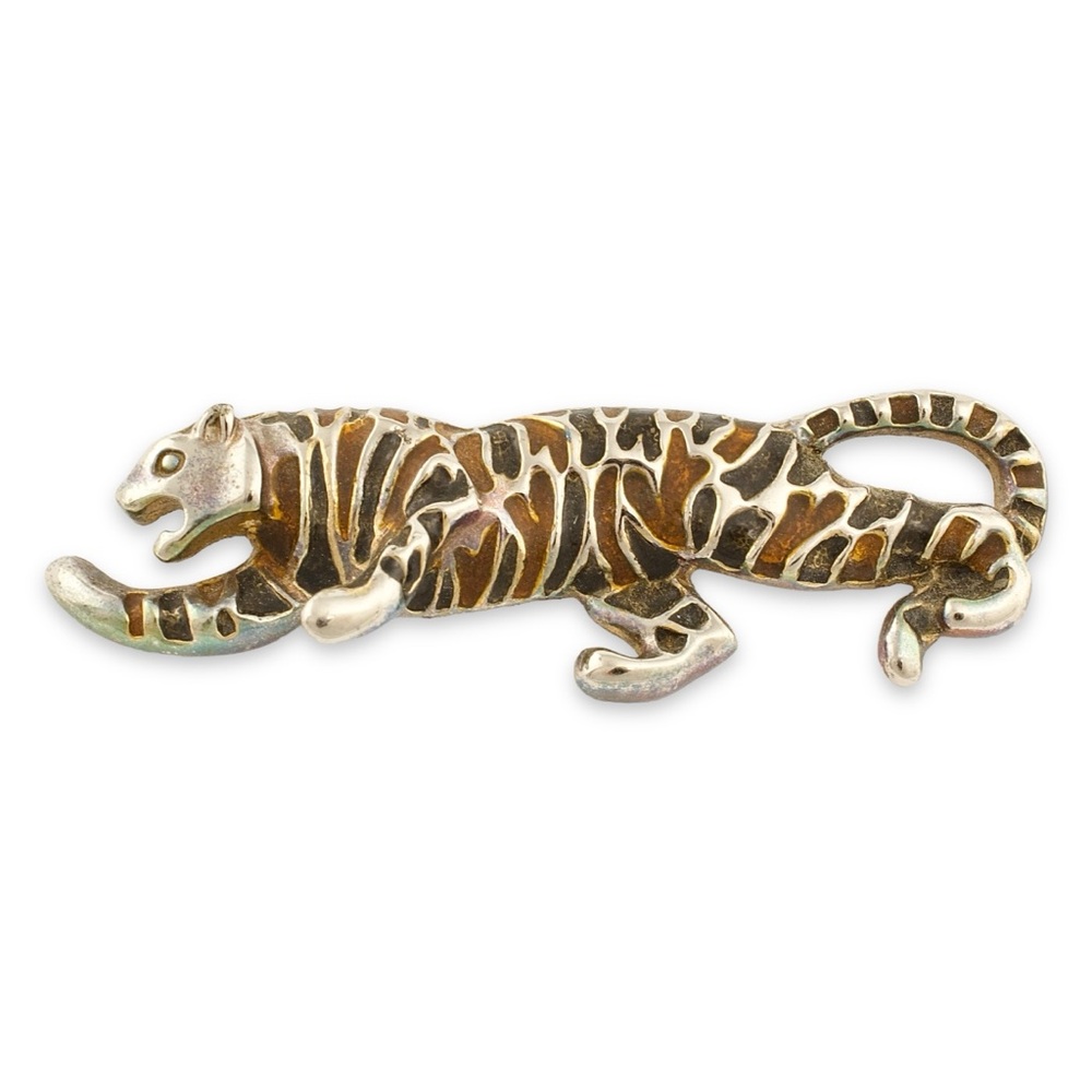 Vintage Tiger Brooch Silver Plated with Brown & Black Enamel Stripes